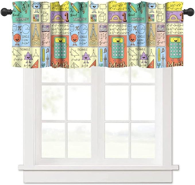 Fun Math Valance, Kids Fun Mathematics Educational Study Learning Small Window Drapes for Kitchen Bedroom School Classroom Decor, 54x18Inch