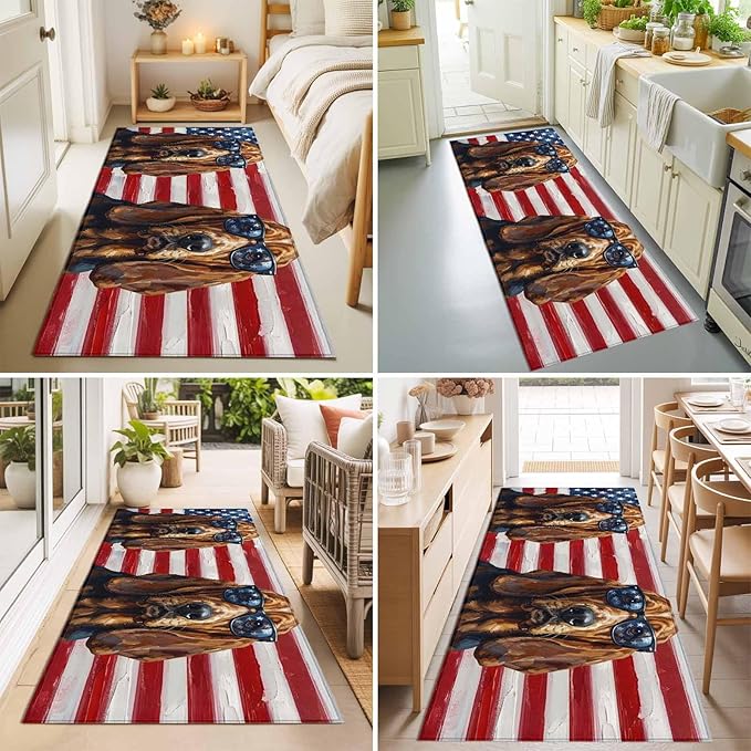 Runner Rug for Bedroom Hallway, Independence Day USA Flag Kitchen Runner Rugs Area Rug 2x6ft, Basset Hound Patriotic Sunglasses Washable Soft Floor Carpet for Entryway Stair