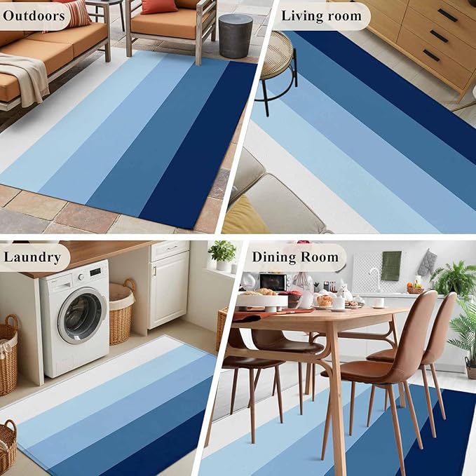 Area Rug 3x5ft, Minimalist Blue White Ombre Stripe Washable Rugs for Living Room Bedroom, Modern Gradient Art Soft Non-Slip Area Rugs Rectangle Floor Carpet for Dining Room