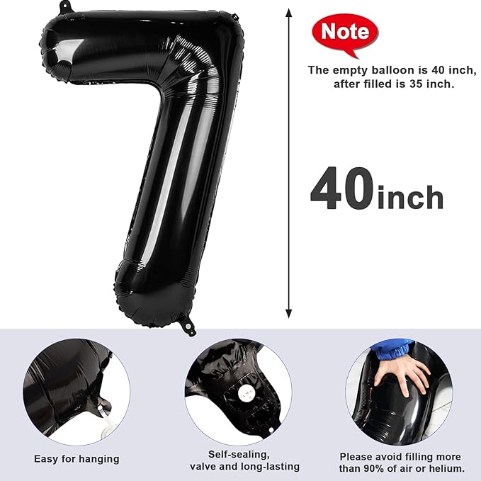 Number 7 Balloons Black Party Decorations for Women Men, 40 In Big 7th Balloons for Engagement, Wedding, Celebration Party, Graduations, Photo Shoot