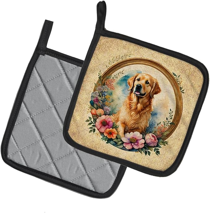 Caroline's Treasures Golden Retriever and Flowers Pair of Pot Holders Kitchen Heat Resistant Pot Holders Sets Oven Hot Pads for Cooking Baking BBQ, 7 1/2 x 7 1/2
