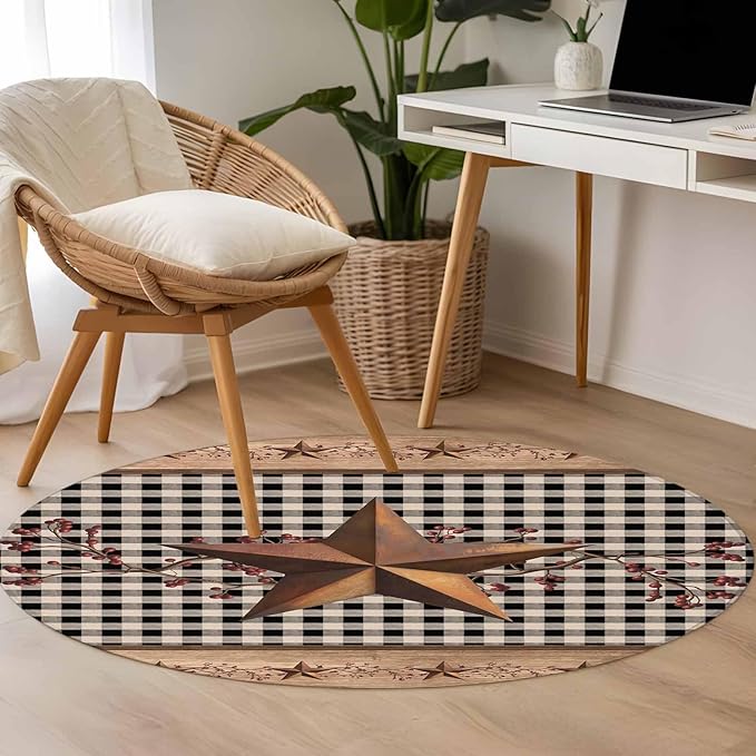 Brown Texas Star Retro 4ft Round Rug, Country Star Non-Skid Rubber Backing Large Area Rugs - Living Room Bedroom Home Office, Black White Plaid Wooden Indoor Floor Mat Carpets Washable Rug