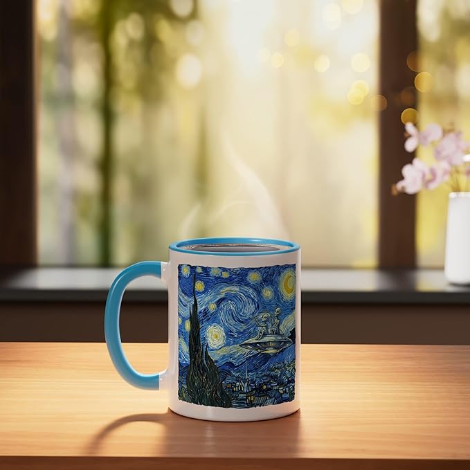 Aliens Saucer UFO Extraterrestrial Fun Starry Night Van Gogh Ceramic Mug, Blue/White