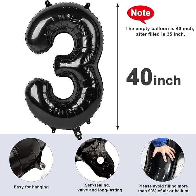 Numbers 3 Balloons Black Party Decorations for Girl Boys, 40 In Big Three Balloons for Engagement, Wedding, Celebration Party, Graduations, Photo Shoot