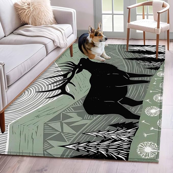 Area Rug 4x6ft, Black Wildlife Elk Washable Rugs for Living Room Bedroom, Bohemian Green Mountain Peaks Soft Non-Slip Area Rugs Rectangle Floor Carpet for Dining Room