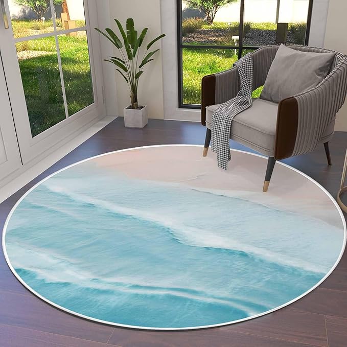 Round Area Rug,Summer Beach Blue Wave Water Ripple Circle Living Room Rug Non-Slip Rugs Indoor Carpet,Seaside Coastal Nautical Soft Comfort Rugs for Bedroom KidsRoom Nursery