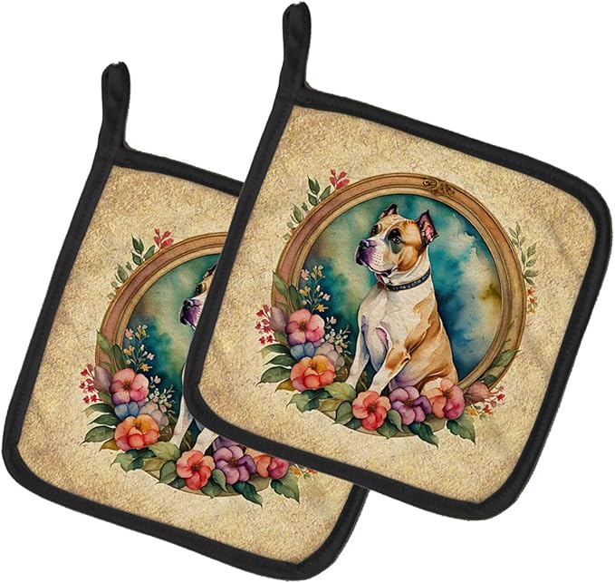 Caroline's Treasures American Staffordshire Terrier and Flowers Pair of Pot Holders Kitchen Heat Resistant Pot Holders Sets Oven Hot Pads for Cooking Baking BBQ, 7 1/2 x 7 1/2