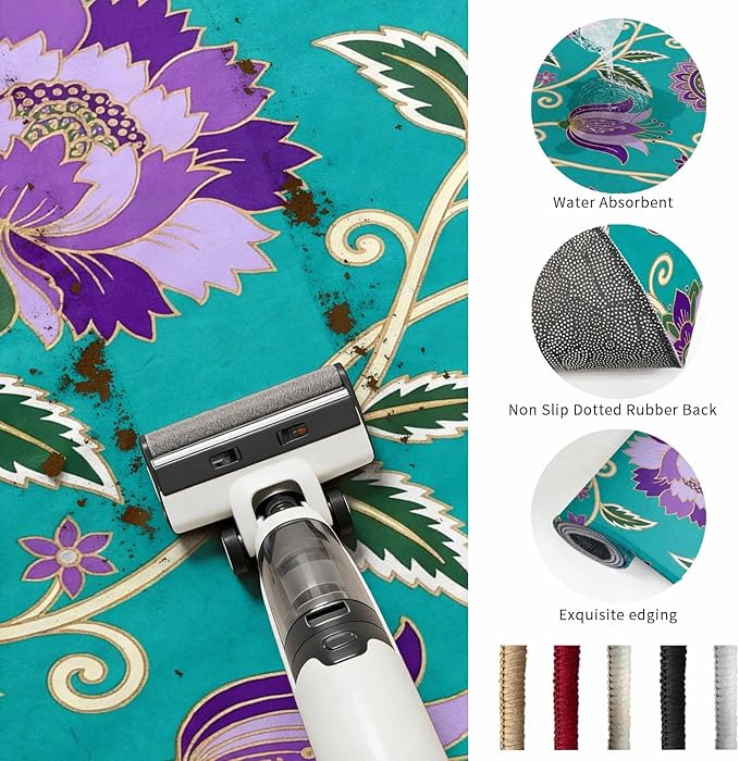 Washable Round Area Rug Bohemian Purple Flowers Circle Rugs Floor Carpet for Living Room Bedroom, Paisley Floral Art Soft Non Slip Round Rug 3ft