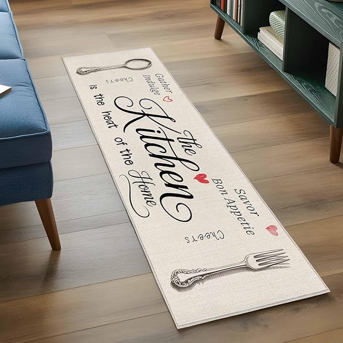 Runner Rug for Bedroom Hallway, Spoon Fork Vintage Farmhouse Kitchen Runner Rugs Area Rug 2x6ft, Abstract Love Retro Linen Washable Soft Floor Carpet for Entryway Stair