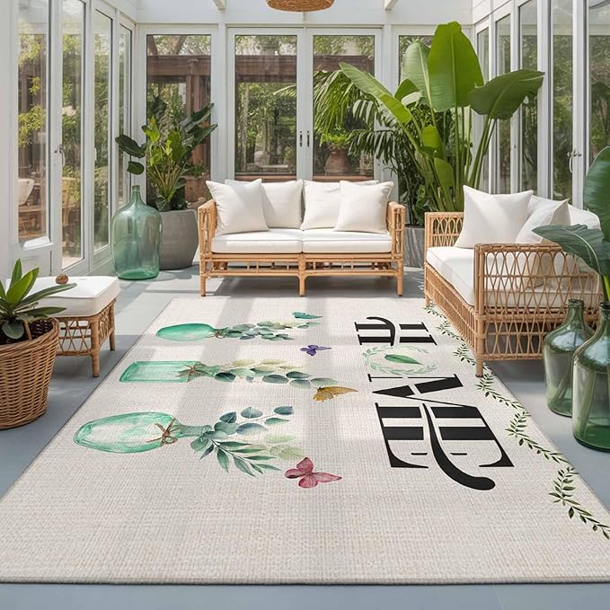 Area Rug 3x5ft, Rustic Home Text Eucalyptus Leaf Washable Rugs for Living Room Bedroom, Farmhouse Butterfly Retro Linen Soft Non-Slip Area Rugs Rectangle Floor Carpet for Dining Room