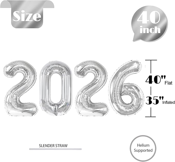2026 balloons, Silver 40 Inch 2026 Party Decorations New Year Nye Decorfor New Years Eve Party Supplies 2026, New Years Eve Party Balloons, Graduation Party Decorations