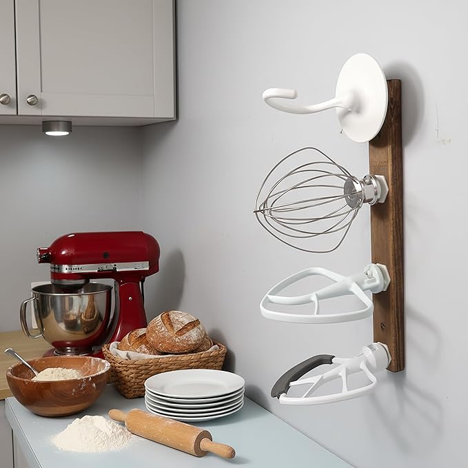 Stand Mixer Attachment Holder, Wood Wall Mounted Holder with 4-Pack Plastic Hangers, Kitchen Accessories Storage Organizer Parts Compatible with Kitchenaid Mixer Attachments for Space-saving, Walnut