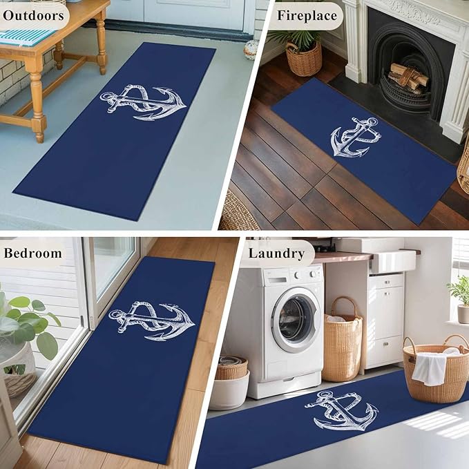 Runner Rug for Bedroom Hallway, Marine Theme Anchor String Sketch Kitchen Runner Rugs Area Rug 2x6ft, Watercolor Nautical Theme Washable Soft Floor Carpet for Entryway Stair