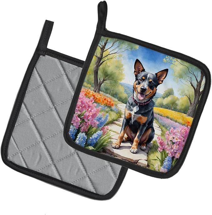 Caroline's Treasures Australian Cattle Dog Spring Garden Pair of Pot Holders Kitchen Heat Resistant Pot Holders Sets Oven Hot Pads for Cooking Baking BBQ, 7 1/2 x 7 1/2