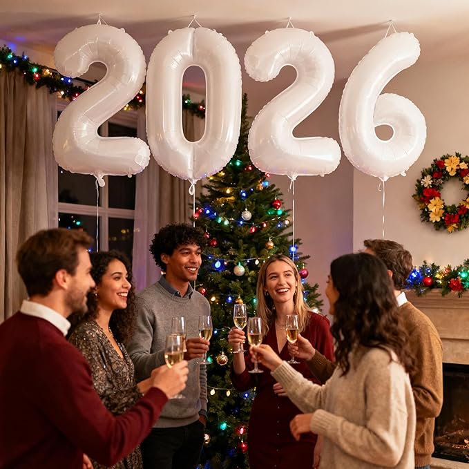 White 2026 Balloons, Jumbo 40 Inch Foil 2026 Number Balloons, Grad Balloons for Class of 2026 Graduation Party, White Matellic Foil New Year Birthday Home Office Party Supplies