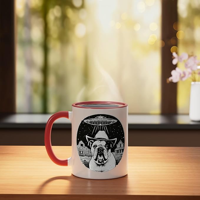 Retro UFO Cowboy Bulldog Western Sci Fi Alien Ceramic Mug, Red/White