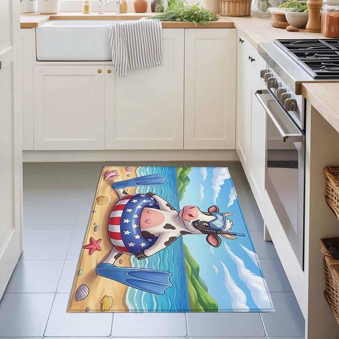 Area Rug 2x3ft, Summer Beach Snorkeling Cow Washable Rugs for Living Room Bedroom, Ocean Starfish Funny Animal Art Soft Non-Slip Area Rugs Rectangle Floor Carpet for Dining Room