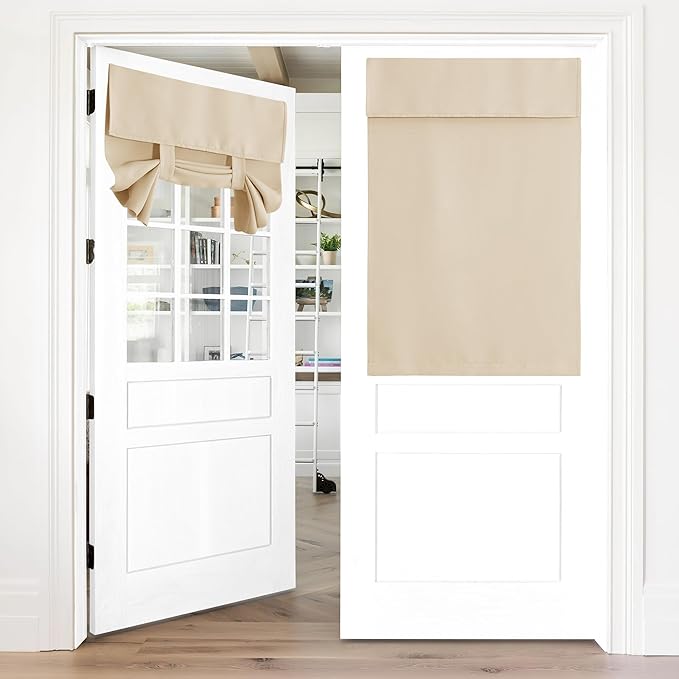NICETOWN French Door Curtains Privacy Blackout Door Shade,Thermal Insulated Window Sidelight Curtains Tie Up Shades for Doorway, W26 x L40 inch, 1 Panel, Biscotti Beige
