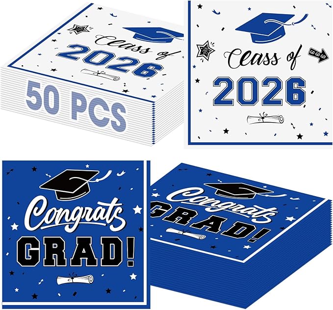 50 Pcs Graduation Napkins Decorations - Blue Class of 2026 Congrats GRAD 3-Ply Paper Cocktail Dinner Napkins Set for 2026 Graduation Party Supplies Table Decor Favors, 6.5 x 6.5 Inch