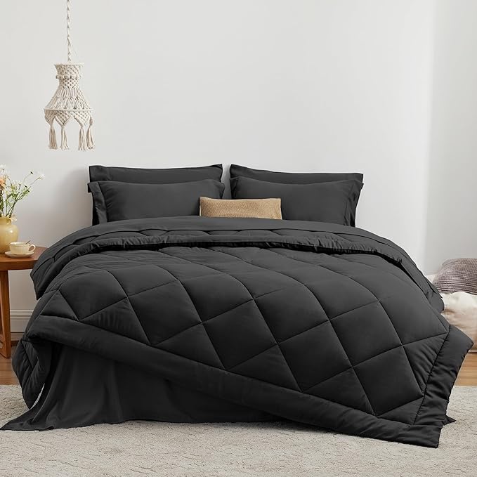 Love's cabin California King Comforter Set Black, 7 Pieces California King Bed in a Bag, All Season Bedding Sets with 1 Comforter, 1 Flat Sheet, 1 Fitted Sheet, 2 Pillowcase and 2 Pillow Sham | Soft, Breathable, Lightweight, Comfortable