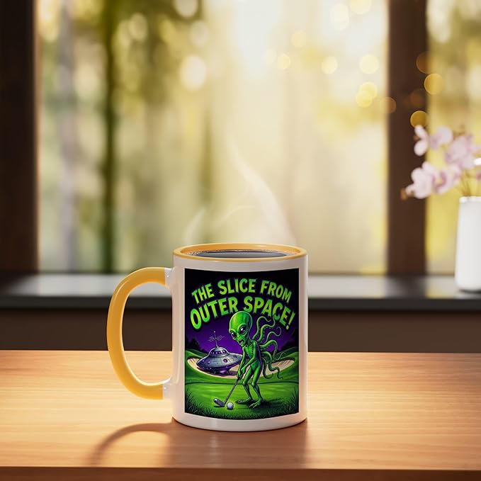 Funny Golfing Alien The Slice From Outer Space Retro UFO Ceramic Mug, Yellow/White