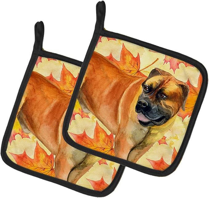 Caroline's Treasures BB9907PTHD Boerboel Mastiff Fall Pair of Pot Holders, Yellow Kitchen Heat Resistant Pot Holders Sets Oven Hot Pads for Cooking Baking BBQ, 7 1/2 x 7 1/2