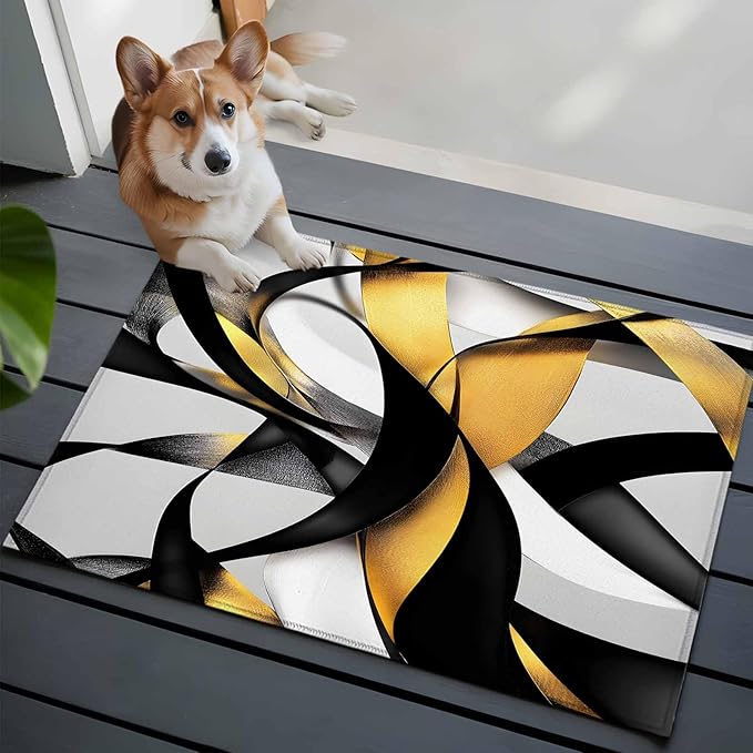 Area Rug 2x3ft, Modern Geometric Stripe Texture Washable Rugs for Living Room Bedroom, Abstract Gold Black White Line Soft Non-Slip Area Rugs Rectangle Floor Carpet for Dining Room