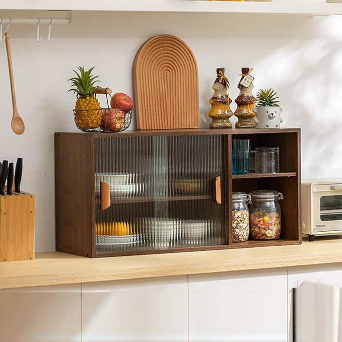 Countertop Kitchen Pantry Cabinet,Bamboo Wall Sideboard with Sliding Glass Doors,Pantry Cabinet for Kitchen, Living Room,Dinning,Bedroom,Walnut,31.5" W