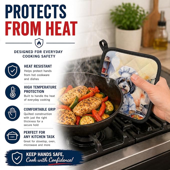 Caroline's Treasures Tibetan Terrier The Chef Pair of Pot Holders Kitchen Heat Resistant Pot Holders Sets Oven Hot Pads for Cooking Baking BBQ, 7 1/2 x 7 1/2