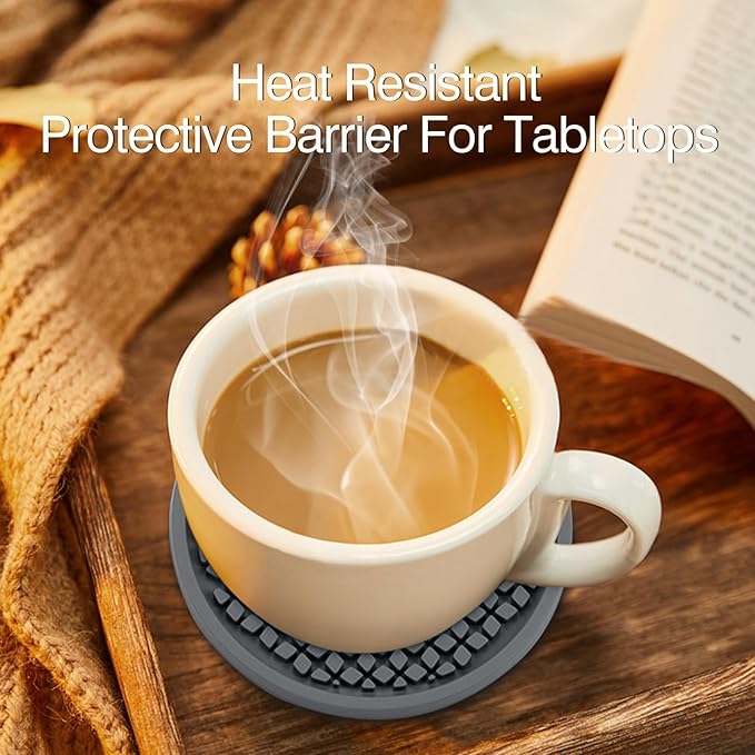 Silicone Coasters for Drinks, Non‑Slip Spill‑Proof Heat Resistant Coasters Set of 4, Reusable Washable Table Protection for Home Decor Kitchen Office, Bar(4Pack,Gray)