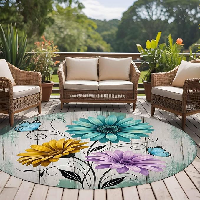 Washable Round Area Rug Farm Flower Daisy Retro Wood Barn Circle Rugs Floor Carpet for Living Room Bedroom, Blossom Flower Butterfly Soft Non Slip Round Rug 5ft