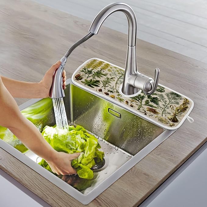 Kitchen Faucet Absorbent Mat, Antique Botanical Water Splash Guard for Sink, Faucet Drip Catcher Thicken Sponge Microfiber Faucet Water Catcher Mat Sink Absorbent Mat for Kitchen 14x5in 2 Pack