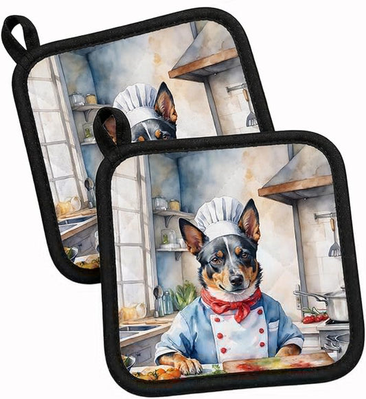 Caroline's Treasures Australian Cattle Dog The Chef Pair of Pot Holders Kitchen Heat Resistant Pot Holders Sets Oven Hot Pads for Cooking Baking BBQ, 7 1/2 x 7 1/2