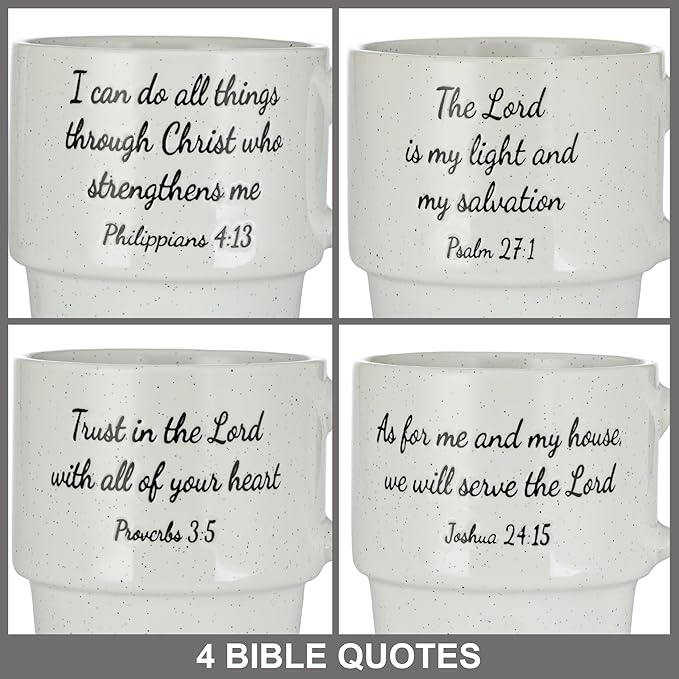 Signature Housewares Stackable Coffee Mug Tower Set with Metal Wire Rack - 15 Ounce Coffee Mugs for Coffee, Tea, Cocoa, Milk, Cappuccino, Hot Chocolate Set of 4 - Inspirational Bible Verses
