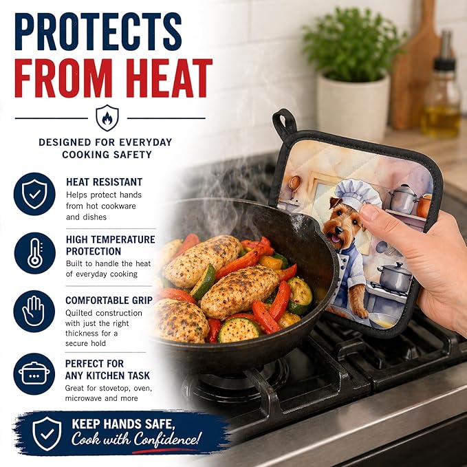 Caroline's Treasures Welsh Terrier The Chef Pair of Pot Holders Kitchen Heat Resistant Pot Holders Sets Oven Hot Pads for Cooking Baking BBQ, 7 1/2 x 7 1/2