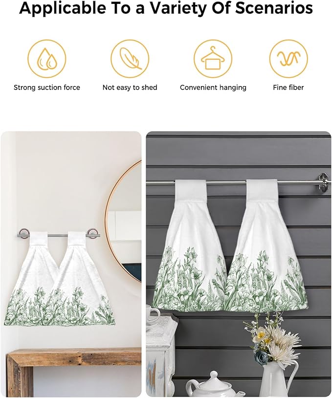 Alandar Home Kitchen Tie Towel Set of 1, Green Flowers Iris Lavender Leaves Absorbent Soft Hand Towels for Bathroom Hanging Towels, Spring Botanical Fast Drying Cleaning Cloth with Loop