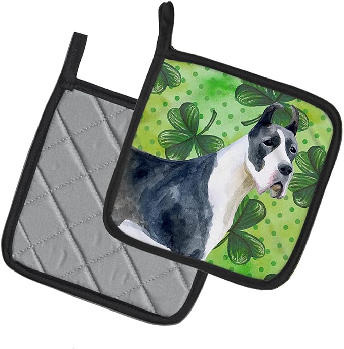 Caroline's Treasures BB9817PTHD Harlequin Great Dane St Patrick's Pair of Pot Holders, Green Kitchen Heat Resistant Pot Holders Sets Oven Hot Pads for Cooking Baking BBQ, 7 1/2 x 7 1/2