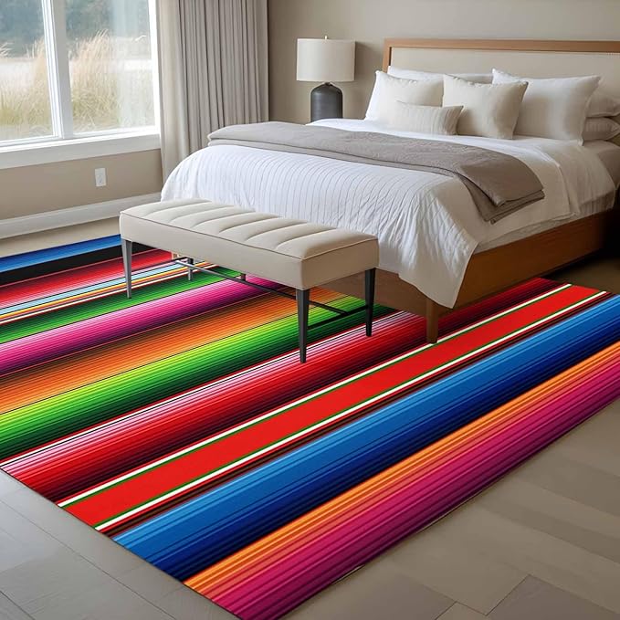 Area Rug 6x9ft, Mexico Art Colorful Stripes Washable Rugs for Living Room Bedroom, Color Gradient Lines Soft Non-Slip Area Rugs Rectangle Floor Carpet for Dining Room