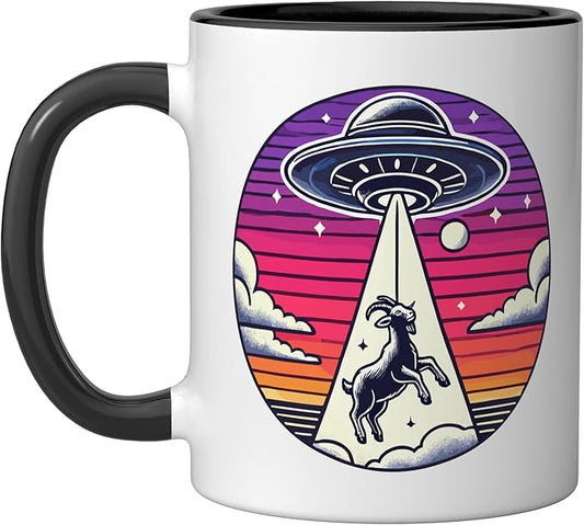 Goat Farmer Abducted Alien Spacecraft Outer Space Abduction Ceramic Mug, Black/White