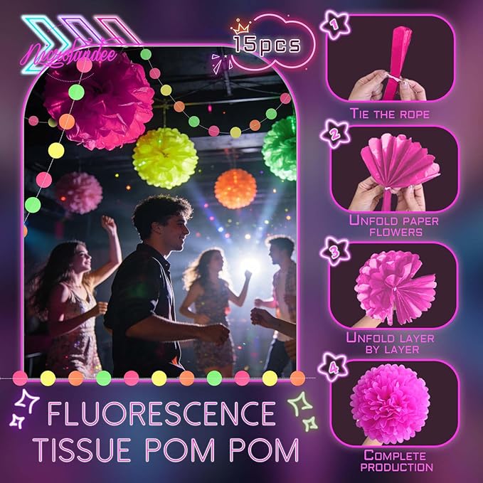 NICROLANDEE Blacklight Party Decorations - 15 PCS Fluorescent Neon Tissue Paper Pom Poms & Paper Garlands for Birthday, Wedding, Baby Shower, Glow-in-The-Dark Party, Neon Prom Dance Party Photography