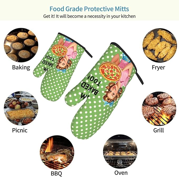2 Pcs Funny Oven Mitts I'm Baked Too Heat Resistant Non-Slip Kitchen Gloves with Hanging Loop Housewarming Gifts for Baking Lover Family Friend