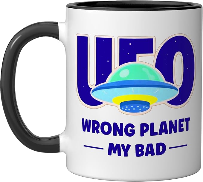 UFO Aficionado Retro Flying Saucer Wrong Planet My Bad Ceramic Mug, Black/White