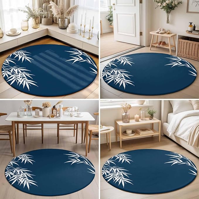 Washable Round Area Rug Country Leaf on Dark Blue Circle Rugs Floor Carpet for Living Room Bedroom, Botanical Silhouette Minimalist Style Soft Non Slip Round Rug 5ft