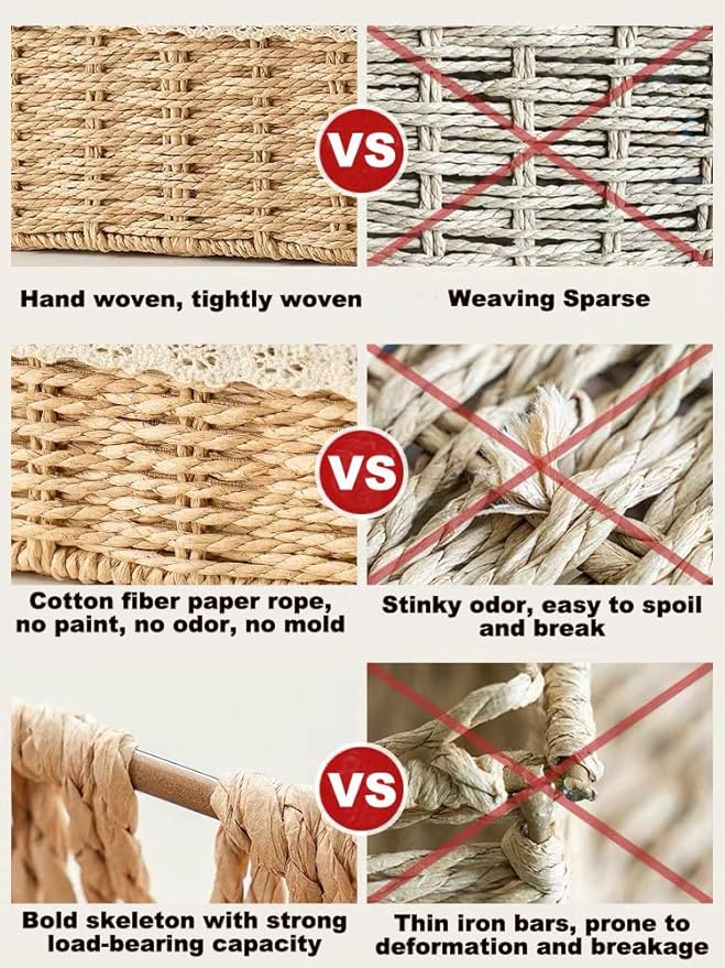 Wicker Baskets for Organizing,Natural Paper Rope Large Small Basket Set with Liner,Hand Woven Pantry Organizer & Storage for Women Girls Bathroom Living Room School Desk Shelves Décor(3 Pack Grey)