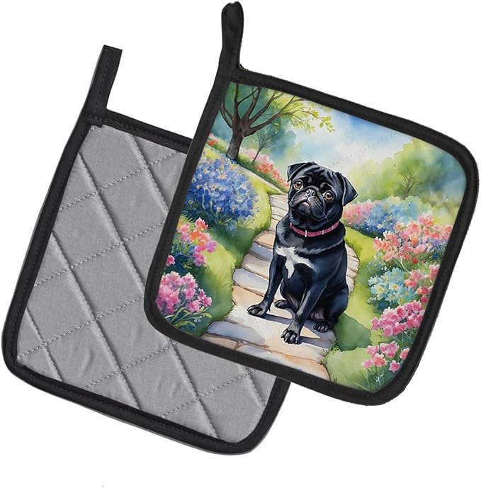 Caroline's Treasures Black Pug Spring Path Pair of Pot Holders Kitchen Heat Resistant Pot Holders Sets Oven Hot Pads for Cooking Baking BBQ, 7 1/2 x 7 1/2