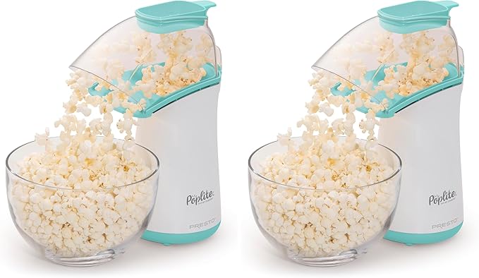 Presto 04869 Poplite Hot Air Popcorn Popper - Built-In Measuring Cup + Melts Butter, Easy to Clean, Built-In Cord Wrap, 18 Cups, Aqua/White (Pack of 2)