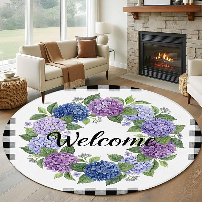 Washable Round Area Rug Summer Hydrangea Leaf Circle Rugs Floor Carpet for Living Room Bedroom, Purple Blue Flower Buffalo Check Soft Non Slip Round Rug 5ft