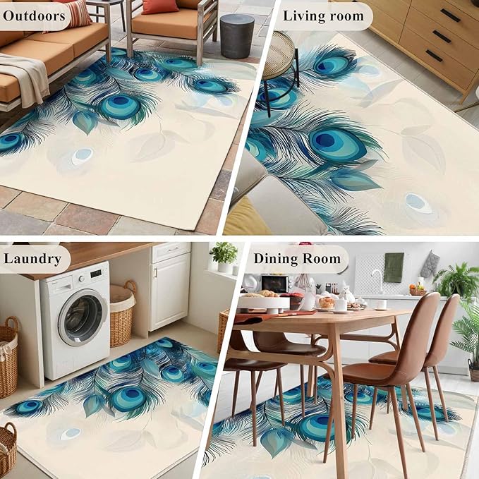 Area Rug 4x6ft, Abstract Animal Art Peacock Feather Washable Rugs for Living Room Bedroom, Watercolor Blue Eyes Beige Soft Non-Slip Area Rugs Rectangle Floor Carpet for Dining Room