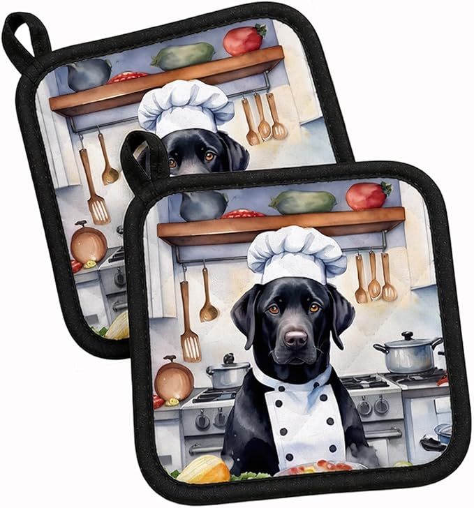 Caroline's Treasures Black Labrador Retriever The Chef Pair of Pot Holders Kitchen Heat Resistant Pot Holders Sets Oven Hot Pads for Cooking Baking BBQ, 7 1/2 x 7 1/2
