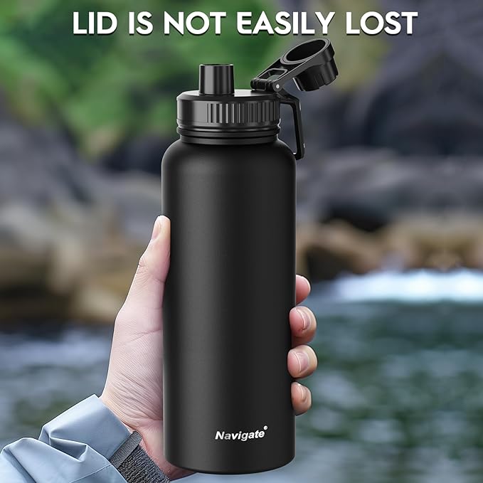 Navigate 40 oz Insulated Stainless Steel Sports Water Bottle with Spout & Handle Lids,Wide Mouth Water Jug with Double Walled Leak Proof Keep Cold for 24 Hrs Hot for 12 Hrs,Black